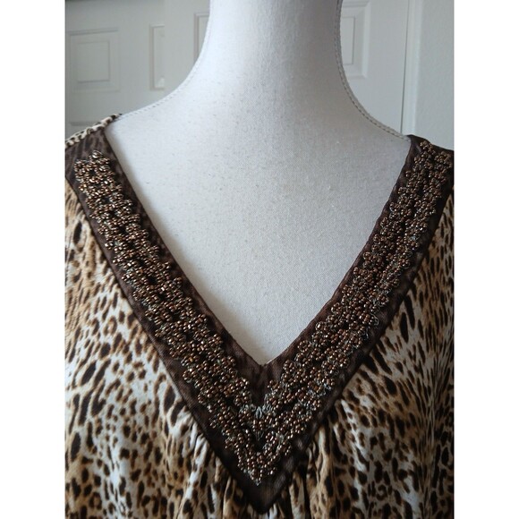Jaclyn Smith Womens 3X Top Brown Beaded Animal Print Accent Flutter Short Sleeve - Picture 6 of 13
